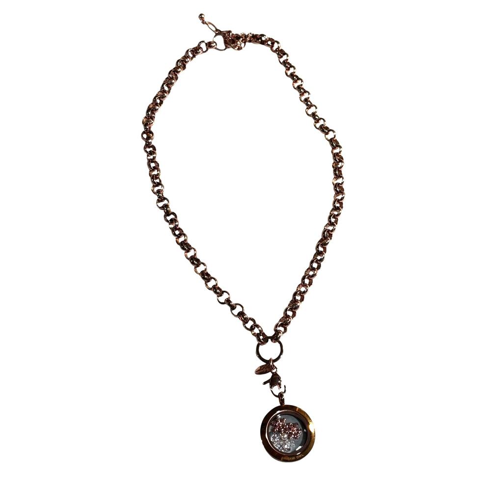 Origami Owl pendant necklace rose gold hearts & snowflakes crystals & pearls